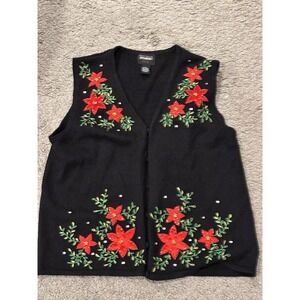 Designer Originals Studio Joy Womens Black V-Neck Embroidered Knit‎ Vest Size XL
